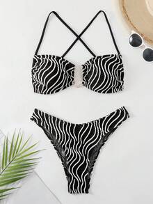Women's All Over Print Bikini Set Summer Beach - Black and White - View 3