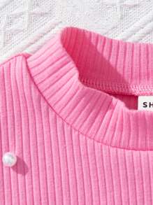 SHEIN Leap Crew 女童休閒街頭風格圓領珍珠釘短袖t恤 - 粉色 - 查看 3