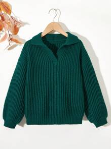 SHEIN Cô gái Tween Màu thuần Áo len Với Lớn Vòng cổ - màu xanh lá - Xem 1