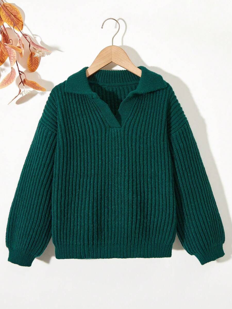SHEIN Cô gái Tween Màu thuần Áo len Với Lớn Vòng cổ - màu xanh lá - Xem 1