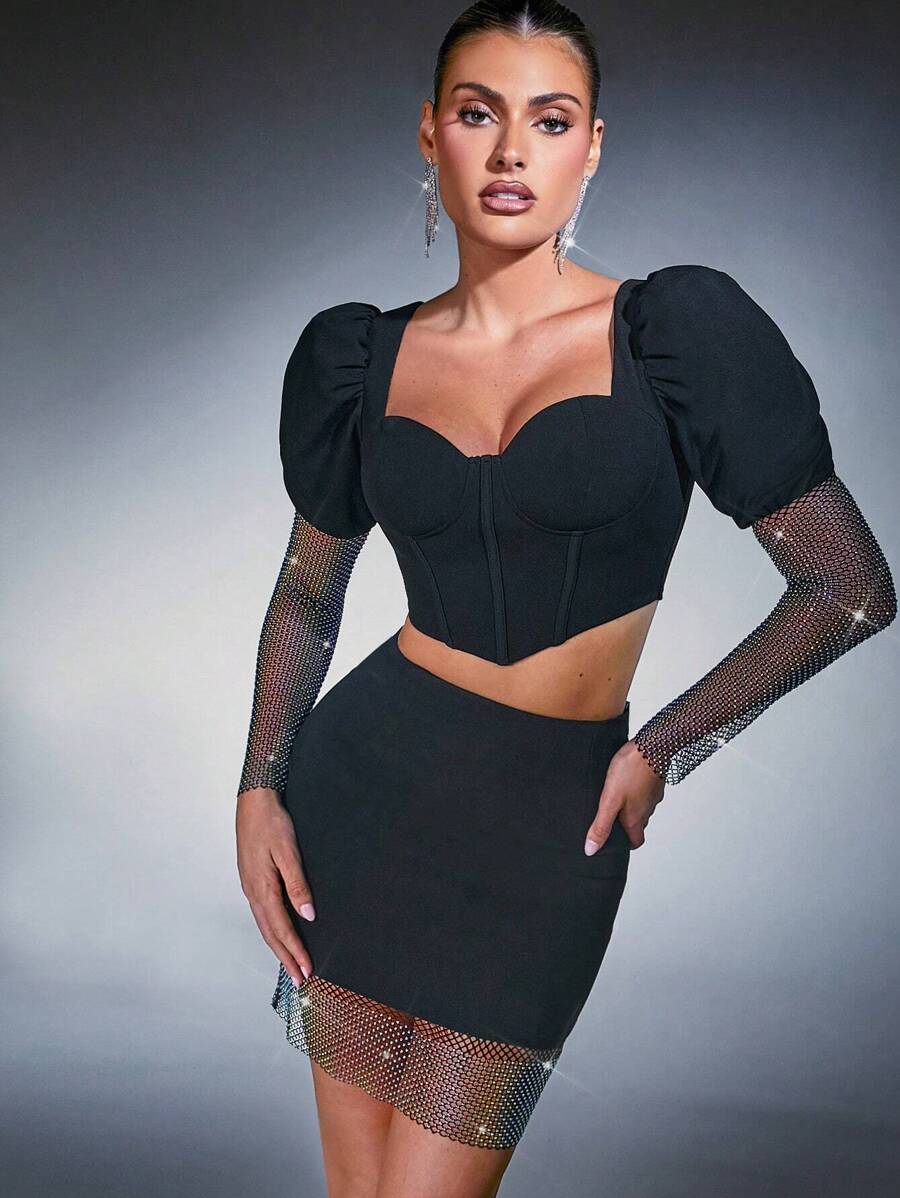 Hauture Conjunto de dos piezas de top corto y falda de malla de pedrería - Negro - Ver 1