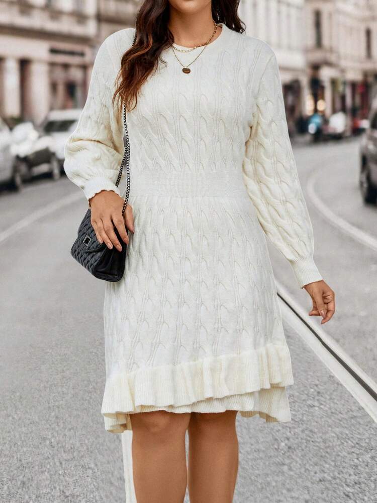 Plus Size Women's Cable Knitted Sweater Dress With Ruffled Hem Fall Cloth For Women