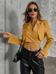 SHEIN Privé Ladies' Yellow V-neck Suit Jacket - Yellow - View 4