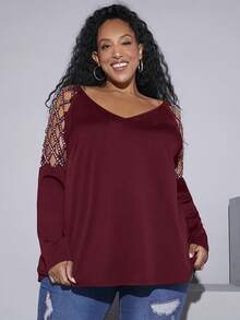 SHEIN CURVE+ Women's Plus Size Rhinestones Decorated Hollow Out T-shirt - Burgundy - View 5