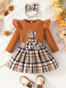 3入組嬰兒女寶格裝斑塊小熊刺繡圓領連體衣,斑塊裙子,蝴蝶結,頭帶套裝 - 橘色 - 查看 6