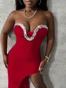 Slaydiva 女款無肩帶串珠裝飾連身裙 - 紅色 - 查看 6