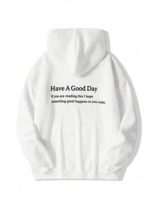 SHEIN EZwear 標語圖案落肩袖連帽衫 - 白色 - 查看 1