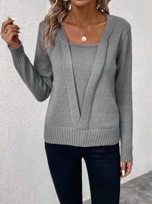 SHEIN LUNE Suéter de punto de un solo color para otoño e invierno - Gris - Ver 3