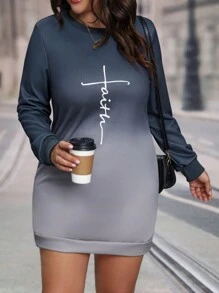 SHEIN LUNE Plus Letter Graphic Ombre Sweatshirt Dress Pullover Fall Outfit - Grey - View 6