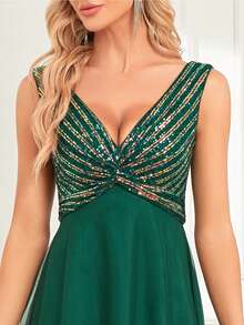 Contrast Sequin Mesh Formal Dress - Dark Green - View 7