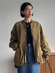 FRIFUL Của phụ nữ Màu thuần Cổ Đứng Thả vai Áo khoác - Cà phê nâu - Xem 3