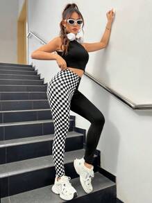 SHEIN EZwear 女用針織高腰休閒長打底褲 - 黑色 - 查看 8