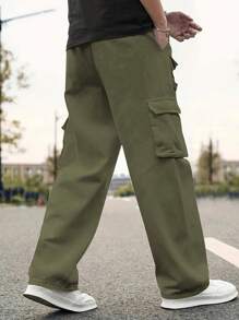 Men's Solid Color Casual Pants With Pockets, Daily Match - Army Green - View 2