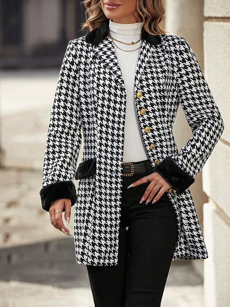 Houndstooth Plush Splice Woolen Coat Fall Cloth For Women