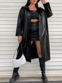 SHEIN Coolane Kích thước lớn Da giả Áo khoác Trench Với Thắt lưng Eo - màu đen - Xem 3