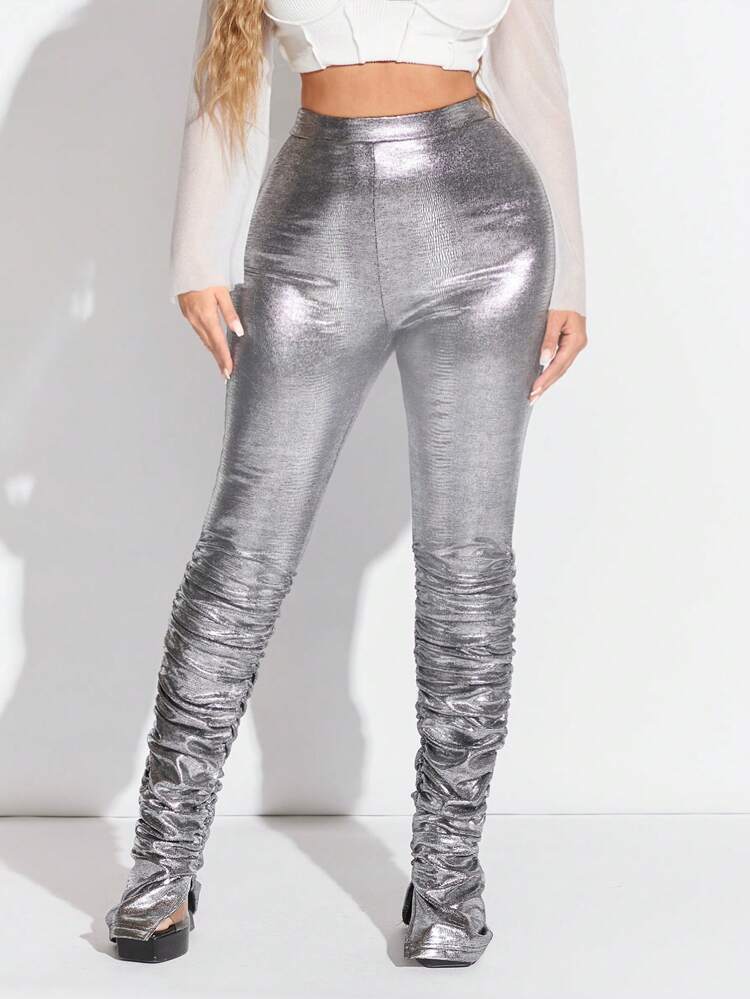Shiny Silver Metallic Coating Thermal Lined Long High Waist Leggings For Party
