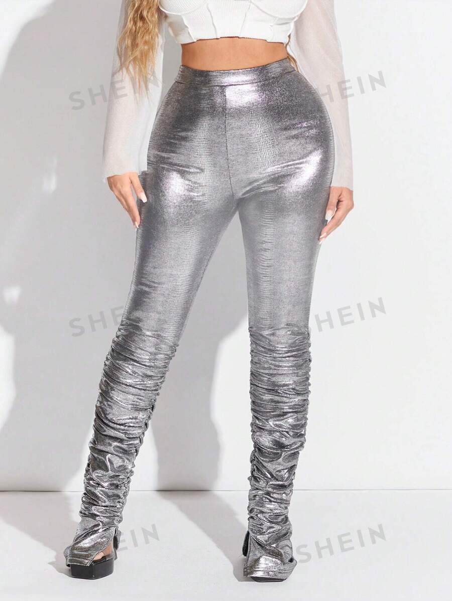 SHEIN SXY Leggings de cintura alta metalizados y brillantes con forro térmico para fiestas - Plateado - Ver 1