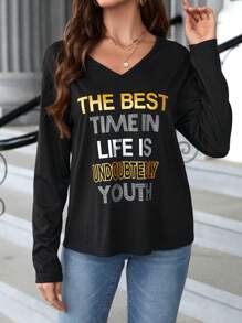 EMERY ROSE Women's V Neck Long Sleeve T-shirt With Letter Print - Black - View 2