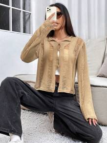 SHEIN Unity Ladies' Solid Color Distressed Casual Cardigan - Khaki - View 4