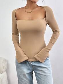 SHEIN Essnce Cổ vuông Tay áo dài Áo thun - Lạc đà - Xem 3