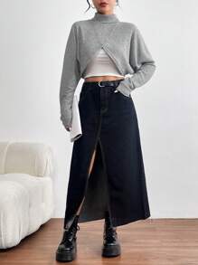 SHEIN Essnce 女式純色高領蝙蝠袖交叉包款短版 T 卹 - 灰色 - 查看 3