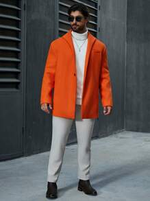 Manfinity Homme 男士大尺寸純色單排扣毛呢大衣 - 橘色 - 查看 4