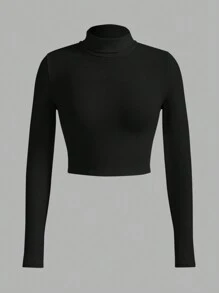 SHEIN BASICS 女修身立領長袖 T 卹 - 黑色 - 查看 3