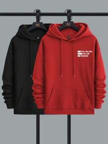 Manfinity Hypemode 男士2入組寬鬆款帶袋連帽衫,袋鼠口袋並印字母圖案 - 紅色 - 查看 5