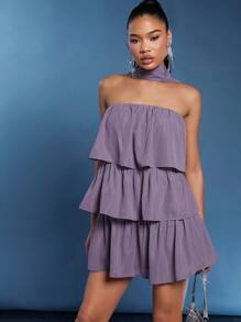 L'Amorae Solid Ruffle Hem Halter Neck Fashion Dress - Purple - View 1
