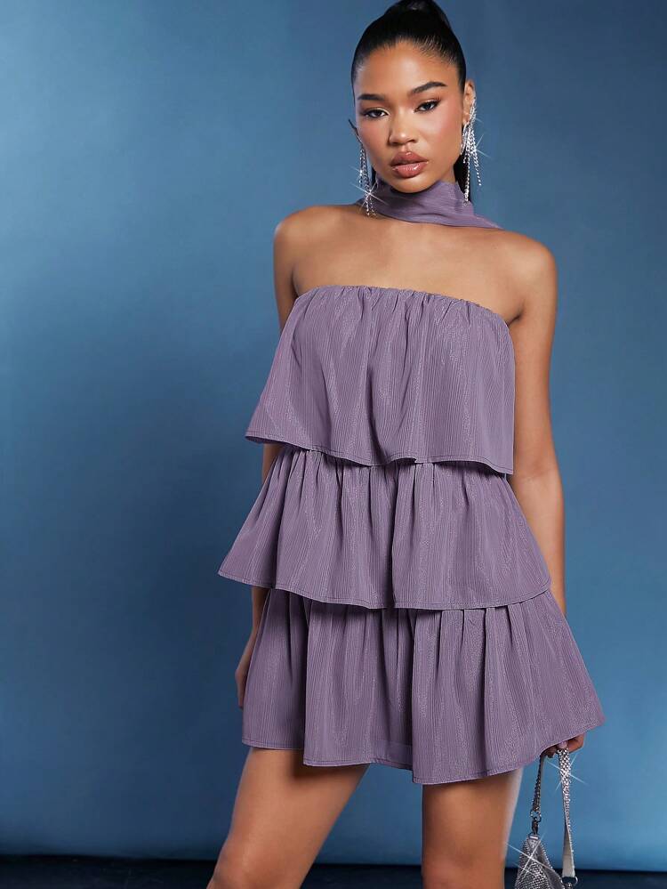 Solid Ruffle Hem Halter Neck Fashion Dress