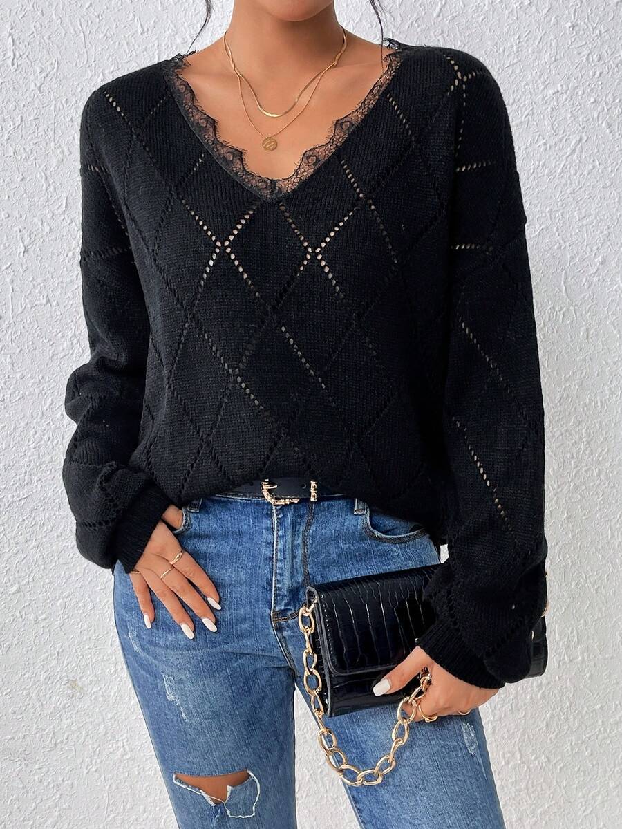 SHEIN Privé Của phụ nữ Vá lại Ren Áo len Áo chui đầu - màu đen - Xem 1