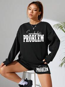 SHEIN EZwear Của phụ nữ Lá thư In Thả vai Áo nỉ Và Quần short Hai chiếc Bộ - màu đen - Xem 5