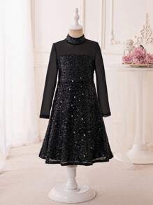 SHEIN Tween Girl Glitter Sequin Patchwork Dress - Black - View 3
