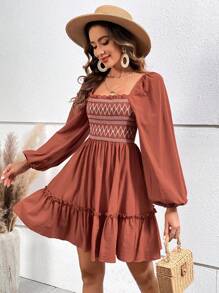 SHEIN VCAY 女性用荷葉袖方領蕾絲詳細假日連衣裙 - 鏽棕色 - 查看 1