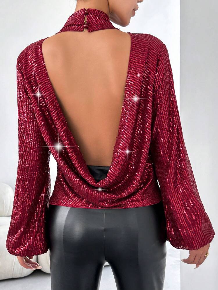 Women's Sequin Stand Collar Open Back Blouse