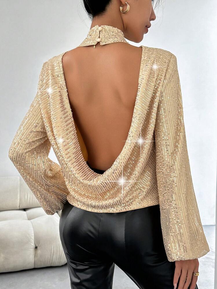 Women's Sleeveless Stand Collar Glitter Top With Open Back