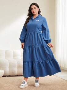 Mulvari Große Größen Einfarbige Kleid Mit Chinesischen Knöpfen, Laternenärmel Und Gerüschten Saum