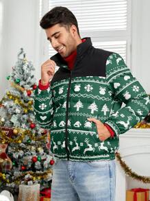 Manfinity VCAY Veste casual matelassée en tricot à imprimé sapin de Noël, coupe ample pour homme