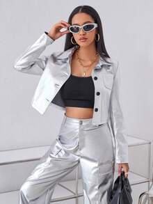 SHEIN ICON 塗層長袖女裝夾克 - 銀色 - 查看 4