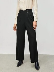 BizChic 女士不對稱腰線鈕扣及摺疊細節直筒褲 - 黑色 - 查看 5