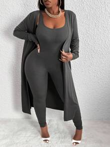 Slaydiva Home Basics, Casual And Versatile, Cardigan Jacket And Vest One-Piece Jumpsuit, Women's Two-Piece Set - Dark Grey - View 1