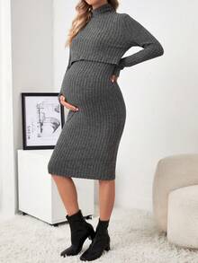 SHEIN 孕婦半高領長袖肋針哺乳裙