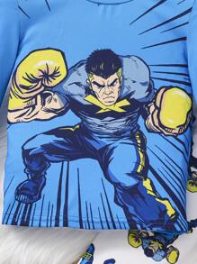 SHEIN 青少年男孩休閒短袖圓領印花t恤和長褲套裝,緊身家居服 - 彩色 - 查看 3