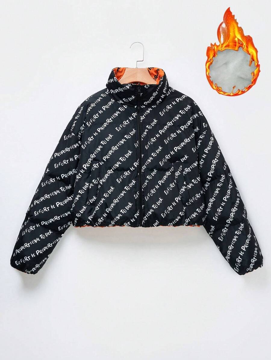 SHEIN EZwear 秋冬女款字母印花棉服外套 - 彩色 - 查看 1