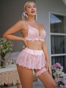 SHEIN Pure Desire Conjunto De Lencería Con Empalme De Encaje Lindo Para Mujer