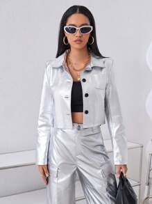 SHEIN ICON 塗層長袖女裝夾克 - 銀色 - 查看 5