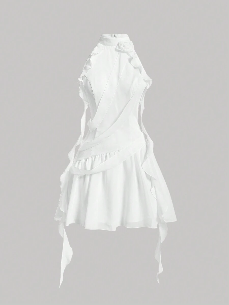 SHEIN MOD Women's Halter Neck Ruffle Trim Dress - White - View 1