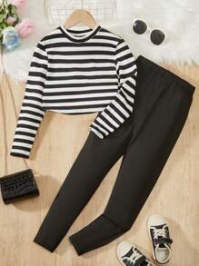 SHEIN Tween 女童休闲条纹长袖 T 恤和裤子套装 - 黑與白 - 查看 1