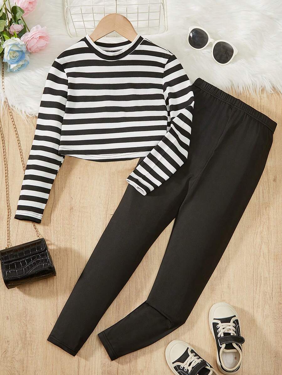 SHEIN Tween 女童休闲条纹长袖 T 恤和裤子套装 - 黑與白 - 查看 1