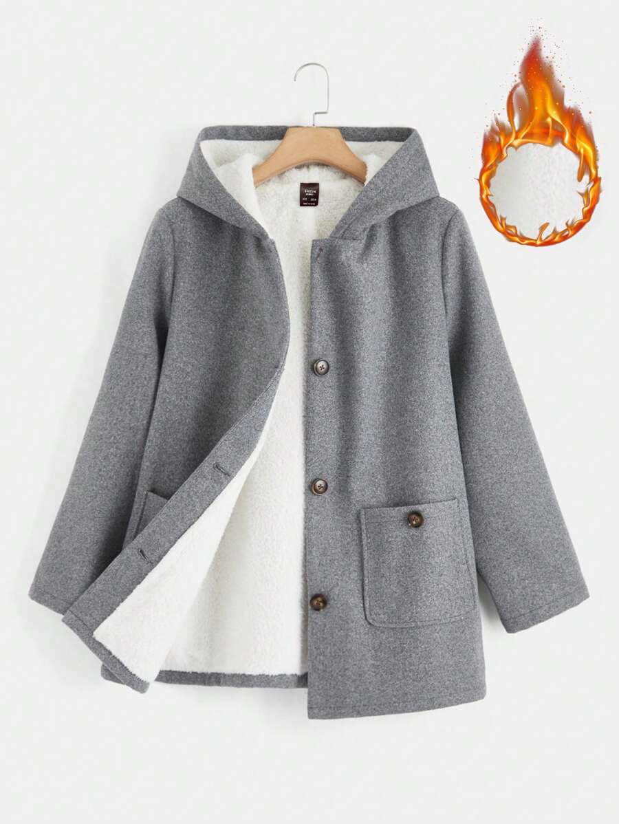 SHEIN CURVE+ Hơn Túi Kép Lót Teddy Áo trùm đầu - Màu Xám nhạt - Xem 1